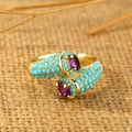 Vintage gouden wikkelring met turquoise kralen en paarse ovale edelstenen bezet - US 5 / Goud