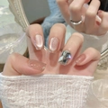 Pink cat eye press-on nails with champagne rhinestones and glitter for women - Extra Small (XS) / 1213-Super Short Trapezoid