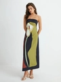Donkerblauwe mini-jurk met abstracte print, halternek en een open rug voor dames - S / Groen