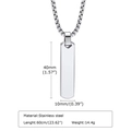 Collar con colgante rectangular de acero inoxidable plateado con medidas y peso detallados - Color Acero
