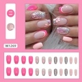 Detail view of 24pcs pink coffin press-on nails with floral patterns and glitter - W1269 Sparkle Sweet