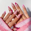 Pink gradient almond press-on nails with gold star decals and red rhinestones - XG-38-12 Pink Gradient Gold Star Rhinestone Almond