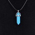 Blue turquoise hexagon point pendant necklace with black cord on black velvet background - Blue Turquoise