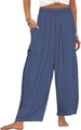 Détail du pantalon sarouel en lin bleu foncé avec taille élastique à cordon et poches - Bleu foncé