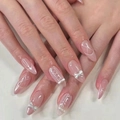 Faux ongles amande roses avec nœuds blancs, perles et motifs de treillis doux - Style de Noeud Rose (Colle Incluse)