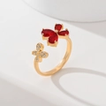 Adjustable gold plated leaf ring featuring a red stone butterfly and crystal detail - Red Stone Butterfly (JZ018)