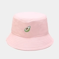 Close-up of cute avocado embroidery on a pink cotton bucket hat with premium stitching - M (56-58cm) / Light Pink