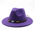 Detail of purple wide brim fedora featuring brown leather band and turquoise metal buckle - M (56-58cm) / Purple