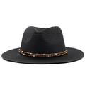 Detail of black straw fedora hat with double-row wooden and turquoise beaded band - Black