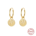 Detailed macro view of S925 sterling silver hoop earrings with engraved moon phase coin pendants - Style 4-Flower Coin