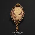 Vintage goudkleurige camee-broche met amberkleurige strass-stenen en druppelhanger - 3.9x7.6cm / Koffie (XD7356)