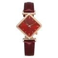 Women's quartz watch with diamond-shaped burgundy dial and glossy red leather strap - Red