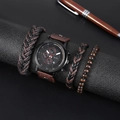 Men's quartz watch and leather bracelet set with brown strap and beaded jewelry - Brown
