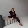 Dark brown fleece hoodie and high waist sweatpants set for casual urban style - S / Brown