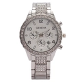 Elegant zilveren Geneva kwartshorloge met strass-bezel en chronograaf wijzerplaat dames - Zilver