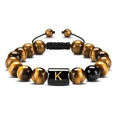 Tiger eye stone bead bracelet with a golden letter K on a woven adjustable cord - Letter K