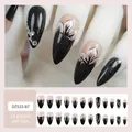 French press-on nails with lily floral art, silver glitter and rhinestones in black and pink - Jelly Glue Type / DZ533-B7 Spider Lily
