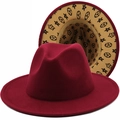 Cappello Fedora in lana bordeaux a tesa larga con fodera interna decorata in due vedute - M (56-58cm) / Borgogna