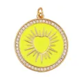 Neon yellow enamel circular pendant with gold heart sunburst and zircon stones - Yellow Round Heart Sunburst Style (K055896-Yellow)