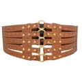 Ceinture large élastique marron avec texture crocodile et anneaux métalliques dorés - Camel