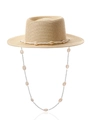 Cappello di paglia kaki con perline bianche, conchiglie e cordino rimovibile decorato - Paglia di Carta Beige Cupola Incavata
