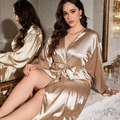 Champagne gold satin silk bathrobe with classic V-neck and matching tie belt for women - Khaki