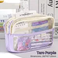 Three-layer clear purple stationery pencil case with multiple zippers and PVC window - Purple