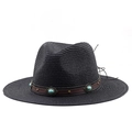 Dettaglio cappello in paglia nero con fascia in pelle marrone e decorazioni turchesi - M (56-58cm) / Nero