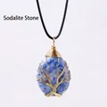 Blue Spot Stone teardrop pendant with gold wire wrapped Tree of Life on black cord - Gold Wire Wrapped Blue Spot Stone Pendant