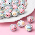 Detailed view of hand-painted acrylic beads with pink rabbits and yellow sheep patterns - Grey Bead Rabbit + Fried Egg / 18mm