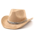 Beige faux suede cowboy hat with silver chain band and wide curved brim for men and women - M(56-58cm) / Camel