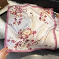 Detailed macro view of retro floral and butterfly print on soft silk square scarf - 70*70cm / Pink Purple Butterfly Floral