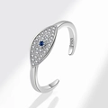 Anillo ajustable de plata de ley S925 con ojo de diablo azul y circonitas blancas brillantes - PNJ794 / Platino