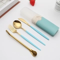Portable stainless steel cutlery set with gold finish and light blue handles in storage box - Type A Green+Gold