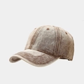 Detail view of khaki washed denim baseball cap showing six-panel stitch and eyelets - Adjustable / Dark Brown