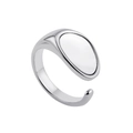 Detailed side view of polished silver titanium steel ring with oval top and open band - Silver Mother of Pearl