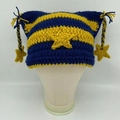 Handmade crochet cat ear hat with blue and yellow stripes and star details - Blue and Yellow