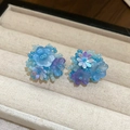Detailed macro view of handmade blue and purple beaded flower earrings on beige velvet - 51# Silver Needle - Blue