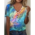 Women's V-neck tie-dye short sleeve T-shirt with cold shoulder design and kaleidoscope print - Lake Blue