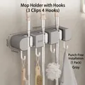 Gray suction cup wall mount mop holder with 3 slots and 4 hooks for bathroom storage - 3 Clips 4 Hooks Gun Grey 2Pcs