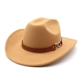 Classic camel wool felt western cowboy hat with brown leather belt and metal chain - M (56-58cm) / Camel