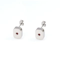 Macro shot of silver rectangular stud earrings with red center stone and starburst carving - Square (599-03B) / Square Earrings (Red Rhinestone - Steel Color)