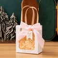 Elegant white paper gift bag with large clear window and pink satin bow accessory - Beige + Thank You Tag + Raffia