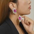 Luxury rose red rhinestone tassel clip-on earrings with sparkling zircon for women - Rectangular Cluster Style / Rose Red