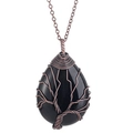 Tree of Life necklace featuring a black teardrop stone pendant with copper wire wrap - Black Obsidian Bronze