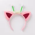 Pink plush cat ear headband with green pom-pom antennas and flower detail - Pink Cat Ear