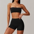 Two-piece black yoga set featuring a tube crop top and high-waisted athletic shorts - S / Top And Bottom / Premium Black
