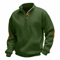 Details des dunkelgrünen Strickpullovers mit Stehkragenknöpfen und braunen Ellbogen-Patches - S / Armeegrün 1