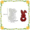 Bunny resin mold with heart cutout and red finished rabbit piece showing dimensions - Stitching Rabbit - Large