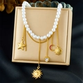 Multi-layer necklace with white pearls, gold chains and celestial star moon charms - Necklace (N3737)